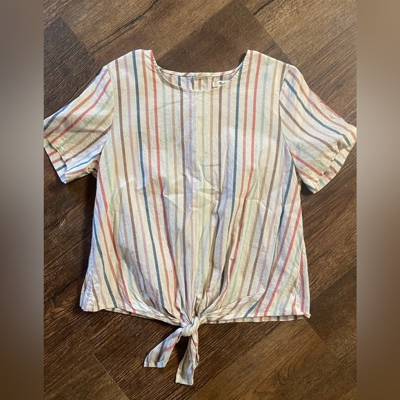 Madewell Button Back Tie Tee In Rainbow Stripe Short Sleeve Off White Size Small - Picture 2 of 5